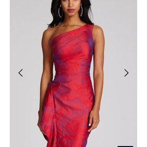 Jacquard One Shoulder Ruched Side Peplum Print Gown